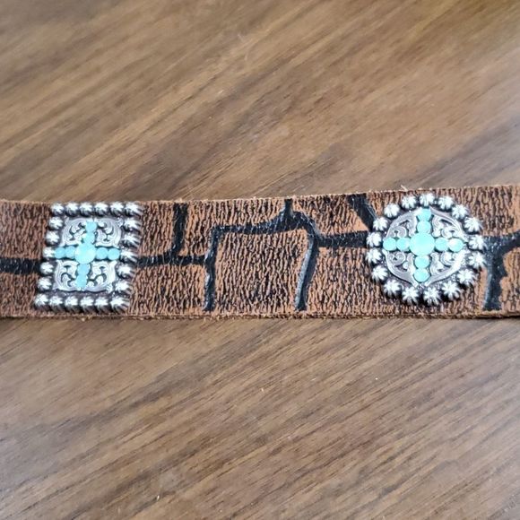 Ariat Blue Sunday Vintage Brown Croc Print Belt‎ Blue Swarovski Crystals Small - Picture 4 of 9